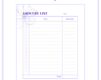 Printable Downloadable Fillable PDF Grocery List Template Minimalist Flower Design