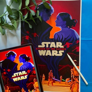 Star Wars Attack of the Clones Poster | Anakin Skywalker Wall Art | Padme Amidala Fan Art | Obi Wan Kenobi 11x17 Print