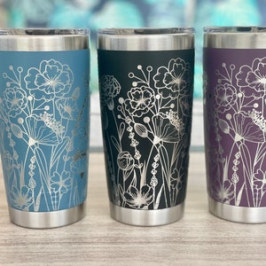 360 degree laser engraved, Personalized 20oz tumbler with lid, Multiple Colors, Wildflowers, Mother's Day Gift, Birthday, Gift for Mom image 7