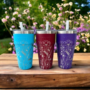 360 degree laser engraved, 26oz stackable rambler with lid and straw, Multiple Colors, Wildflowers, Mother's Day Gift, Birthday