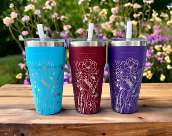 360 degree laser engraved, 26oz stackable rambler with lid and straw, Multiple Colors, Wildflowers, Mother's Day Gift, Birthday