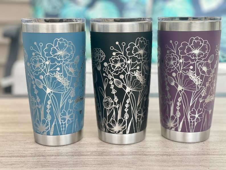 360 degree laser engraved, Personalized 20oz tumbler with lid, Multiple Colors, Wildflowers, Mother's Day Gift, Birthday, Gift for Mom image 7