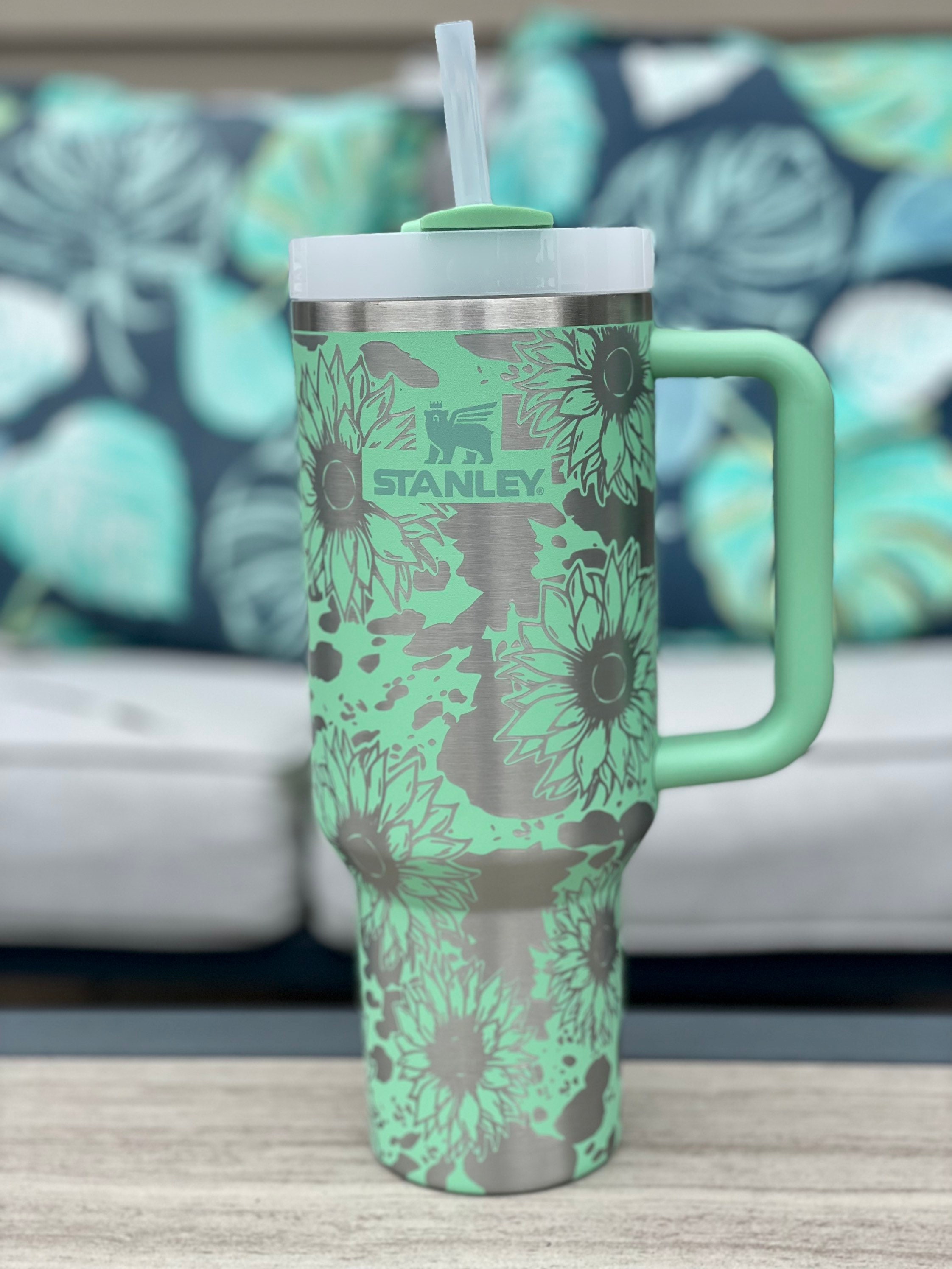 Sunflower Cowprint 40 OZ Stanley Quencher H2.0 Travel Tumbler With  Handle-full Wrap Laser Engraved 