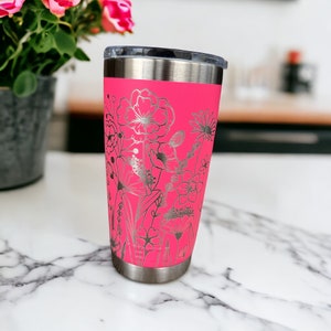 360 degree laser engraved, Personalized 20oz tumbler with lid, Multiple Colors, Wildflowers, Mother's Day Gift, Birthday, Gift for Mom Tropical Pink (NEW)