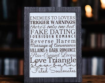 Romance Tropes Bookshelf Sign: Enemies to Lovers, Fake Dating Decor