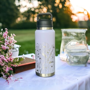 Personalized 36oz bottle chug cap, 360 degree engrave, Multiple Colors, Wildflowers, Mother&#39;s Day Gift, Birthday, Gift for Mom