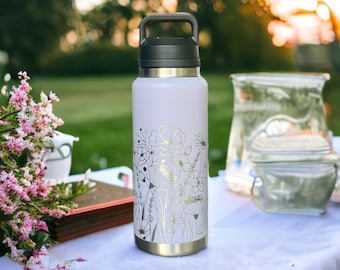 Personalized Wildflower Water Bottle, 36oz Laser Engraved Bottle