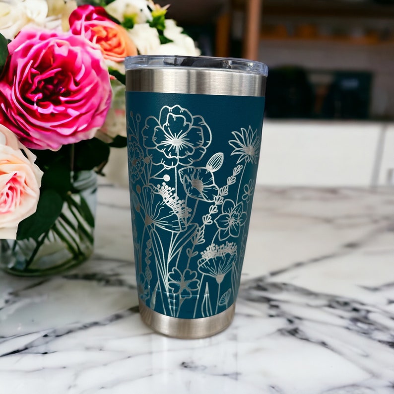 360 degree laser engraved, Personalized 20oz tumbler with lid, Multiple Colors, Wildflowers, Mother's Day Gift, Birthday, Gift for Mom Agave Teal