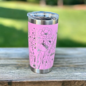 360 degree laser engraved, Personalized 20oz tumbler with lid, Multiple Colors, Wildflowers, Mother's Day Gift, Birthday, Gift for Mom Power Pink