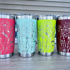 360 degree laser engraved, Personalized 20oz tumbler with lid, Multiple Colors, Wildflowers, Mother's Day Gift, Birthday, Gift for Mom image 9