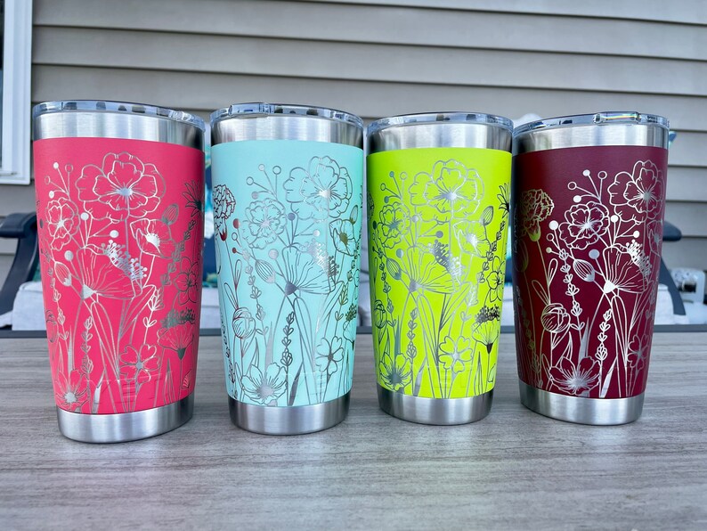 360 degree laser engraved, Personalized 20oz tumbler with lid, Multiple Colors, Wildflowers, Mother's Day Gift, Birthday, Gift for Mom image 9