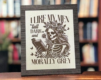 Morally Grey Engraved Bookshelf Leaner Sign, Library Decor