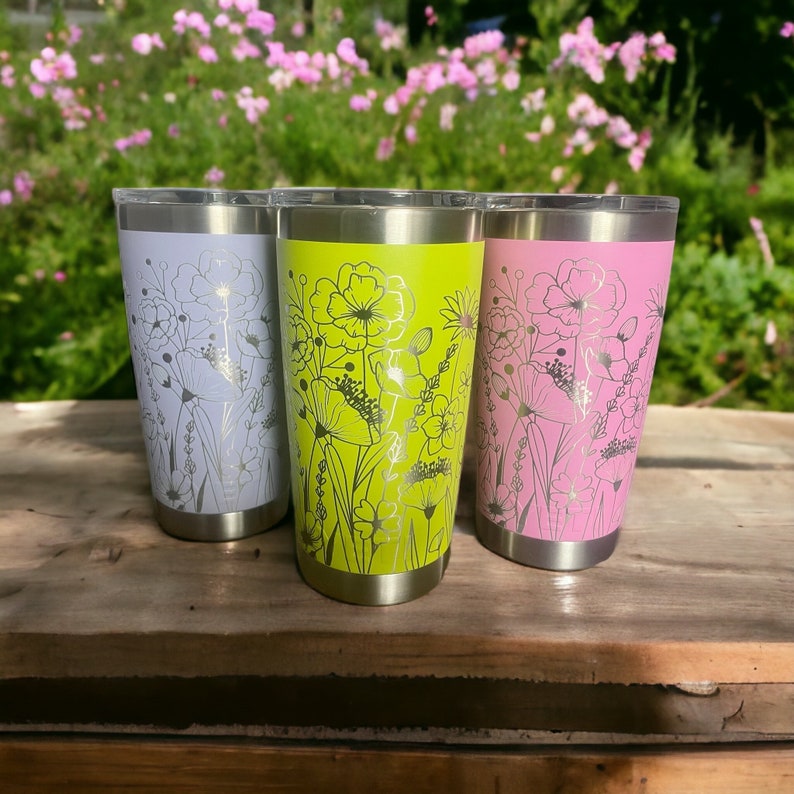 360 degree laser engraved, Personalized 20oz tumbler with lid, Multiple Colors, Wildflowers, Mother's Day Gift, Birthday, Gift for Mom image 2