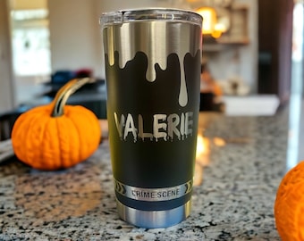 Personalized Crime Scene Wrap, Halloween 360 degree laser engraved, 20oz tumbler with lid