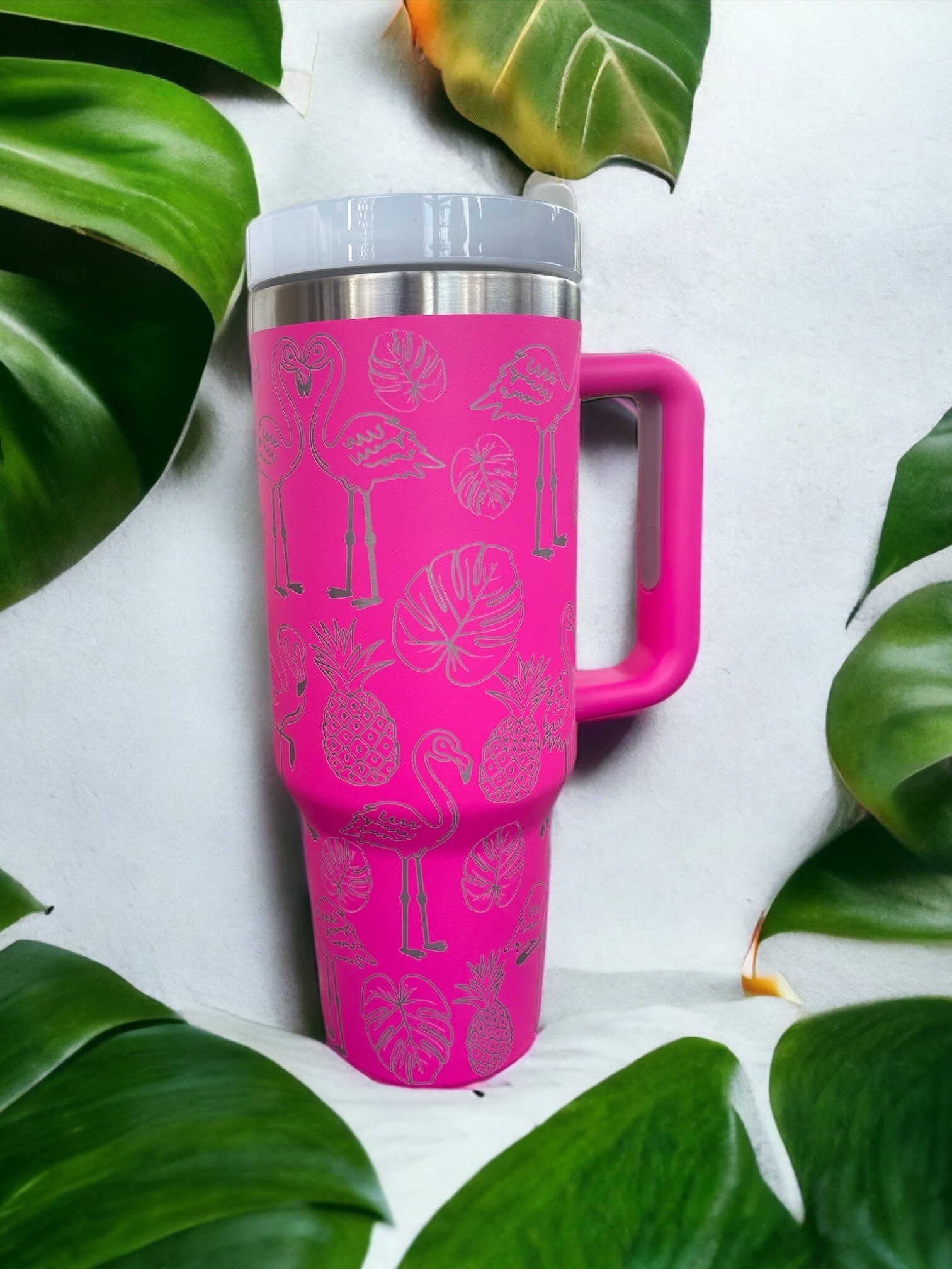 40oz Rambler With Handle, Flamingo Montessori Engraving, Full Wrap  Engraving, Gift for Teacher, Gift for Mom, Hot Pink 