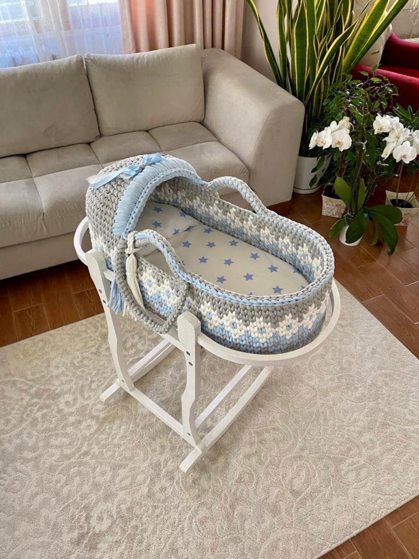 Panier Moïse Bébé Portable En Corde De Coton - Lit Nomade 70x40x25cm - Jusqu'à 25kg - Déco Boho