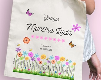 Shopper tote bag in cotone - regalo Maestre fine anno scolastico - stampa personalizzata con nome Maestra alunni e classe - regalo green