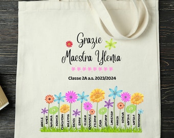 Shopper tote bag in cotone - regalo Maestre fine anno scolastico - stampa personalizzata con nome Maestra alunni e classe - regalo ecologico