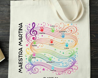 Shopper Maestra Personalizzata con Nomi Alunni – Borsa Musica Colorata Fine Anno Scolastico Regalo Maestra Asilo Elementari Tote Bag Cotone