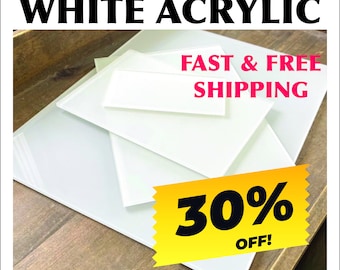 May include: Stack of white acrylic sheets with a yellow and black 30% off sale tag and the text "FAST & FREE SHIPPING" in pink.
