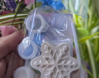 Könnte beinhalten: Ein klarer Plastikbeutel, der mit einem blauen Band gebunden ist, enthält einen handwerklichen Gegenstand in Schneeflockenform, kleine Farbtöpfe und einen Rührstab. Die Schneeflocke ist weiß, und die Farbtöpfe sind mit blauer und weißer Farbe gefüllt.