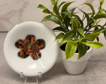 Fused Glass RAINBOW FLOWER Mini Dish Trinket Dish Tea Bag Rest Ring Holder Jewelry holder Hippie Dish