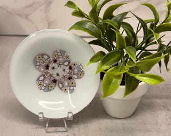 Fused Glass PRETTY PURPLES FLOWER Mini Dish Trinket Dish Tea Bag Rest Ring Holder Jewelry holder Hippie Dish