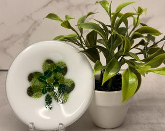 Fused Glass IRISH CLOVER SHAMROCK Mini Dish Trinket Dish Tea Bag Rest Ring Holder Jewelry holder Hippie Dish