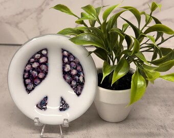 Fused Glass PEACE SIGN Mini Dish Trinket Dish Tea Bag Rest Ring Holder Jewelry holder Hippie Dish