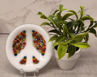 Fused Glass PEACE SIGN Mini Dish Trinket Dish Tea Bag Rest Ring Holder Jewelry holder Hippie Dish