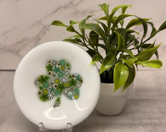 Fused Glass IRISH CLOVER SHAMROCK Mini Dish Trinket Dish Tea Bag Rest Ring Holder Jewelry holder Hippie Dish