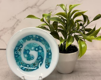 Fused Glass TURQUOISE BLUE SWIRL Mini Dish Trinket Dish Tea Bag Rest Ring Holder Jewelry holder Hippie Dish