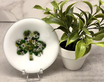 Fused Glass IRISH CLOVER SHAMROCK Mini Dish Trinket Dish Tea Bag Rest Ring Holder Jewelry holder Hippie Dish