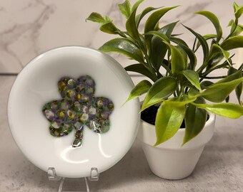 Fused Glass IRISH CLOVER SHAMROCK Mini Dish Trinket Dish Tea Bag Rest Ring Holder Jewelry holder Hippie Dish