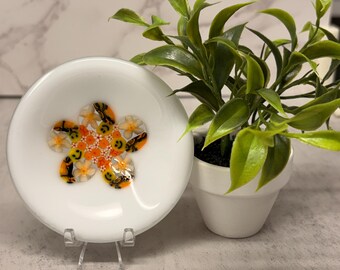 Fused Glass HAPPY FACE FLOWER Mini Dish Trinket Dish Tea Bag Rest Ring Holder Jewelry holder Hippie Dish