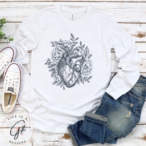 Flower Anatomical Heart Shirts, Long Sleeve Anatomy, Med Nursing Student Flower Heart RN LPN er Nurse icu Nurse, Registered N Floral Heart