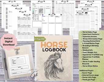 Horse Logbook, Instant Download, Record Keeping Manage Horse Profiles, Equestrian, Riding, Feeding, Breeding, Record Organizer Tackle Log