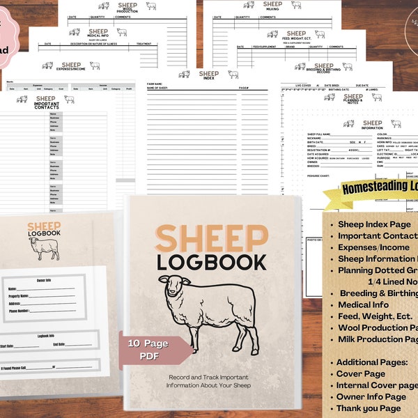 Sheep Logbook Printable Planner, Instant Download, Record Keeping Sheep Profiles Medical Info Wool Milk Feeding, Breeding Record Sheep Flock