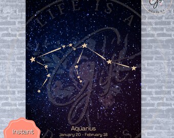 Aquarius Zodiac Sign Constellation Print, Birth Month Print, Star Sign, Astrology Celestial Art Poster Digital Download Printable Gift
