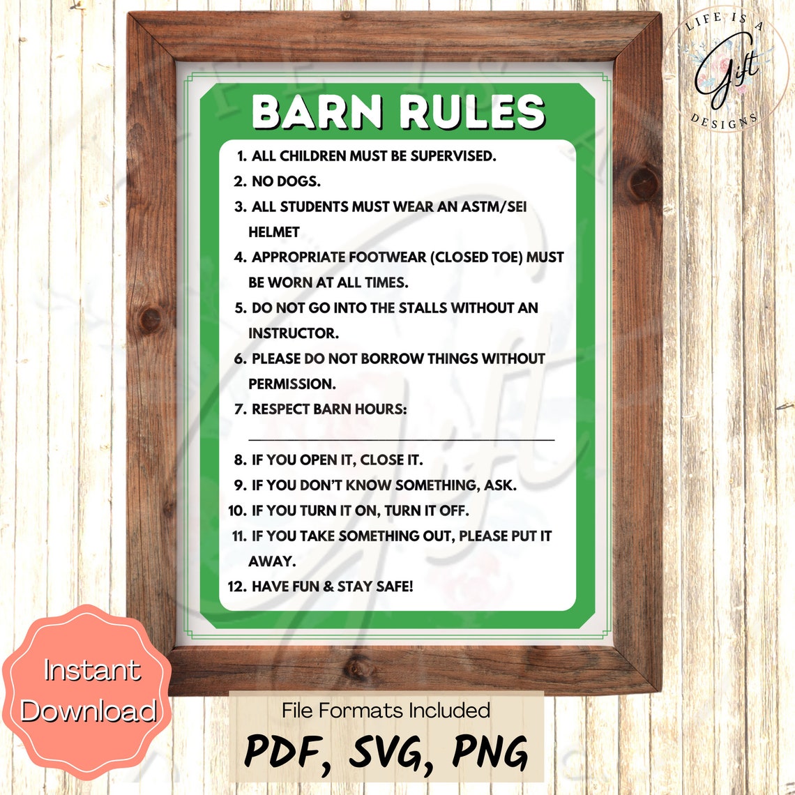 Barn Rules Printable Poster Pdf Svg Png Green Barn Safety Etsy New