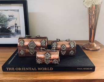 A Gorgeous Little Trio Of Antique Chinese Copper And Brass Embellished Domed Stackable Treasure/Trinket Boxes.