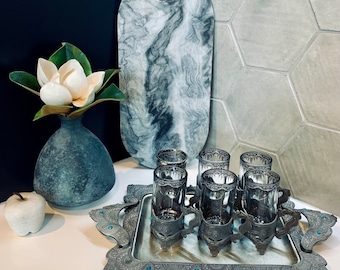 A Stunning Ornate Vintage Pewter Metal Turkish/Persian Coffee/Tea Set With Tray And 6 Glasses/Mugs Inlaid With Turquoise Glass/Stones.
