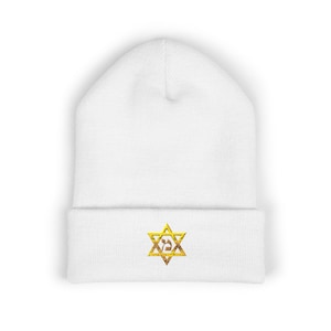 Star of David with Mem Embroidered Beanie | Jewish Symbol Cuffed Hat