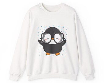 Sudadera con pingüino lindo con gafas / Sudadera con cuello redondo con pingüino lindo de dibujos animados