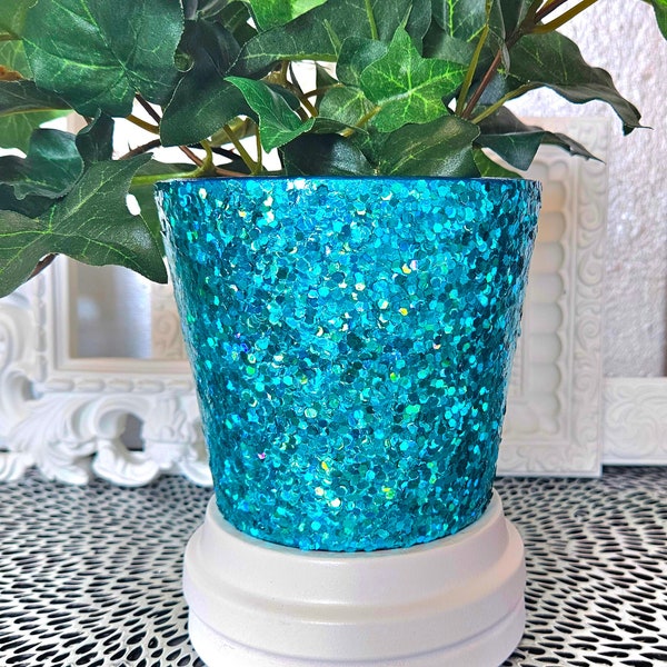 Teal, Blue, Green, Turquoise Holo Glitter Plant Pots, Plant Lover, Gift for Her, Housewarming, Utensil Holder, Office / Desk, Unique Décor