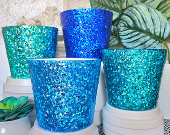 Teal, Blue, Green, Turquoise Holo Glitter Plant Pots, Plant Lover, Gift for Her, Housewarming, Utensil Holder, Office / Desk, Unique Décor