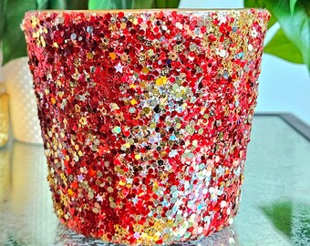 Mosaic Glitter Plant Pots, Gold & Red, Purple, Blue, Teal or Fuchsia, Gifts for Her, Valentine&#39;s Day, Office / Desk, Unique Home Décor, Boho