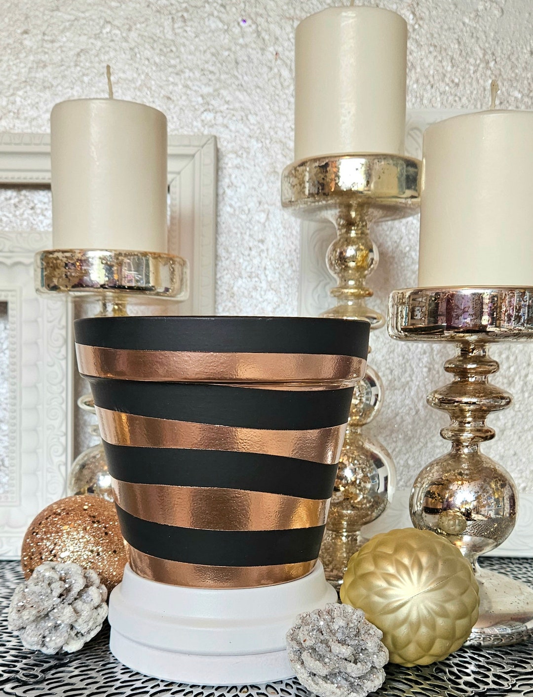 6 Black & Metallic Swirl Plant Pot, Rose Gold Pot, Copper Plant Pot