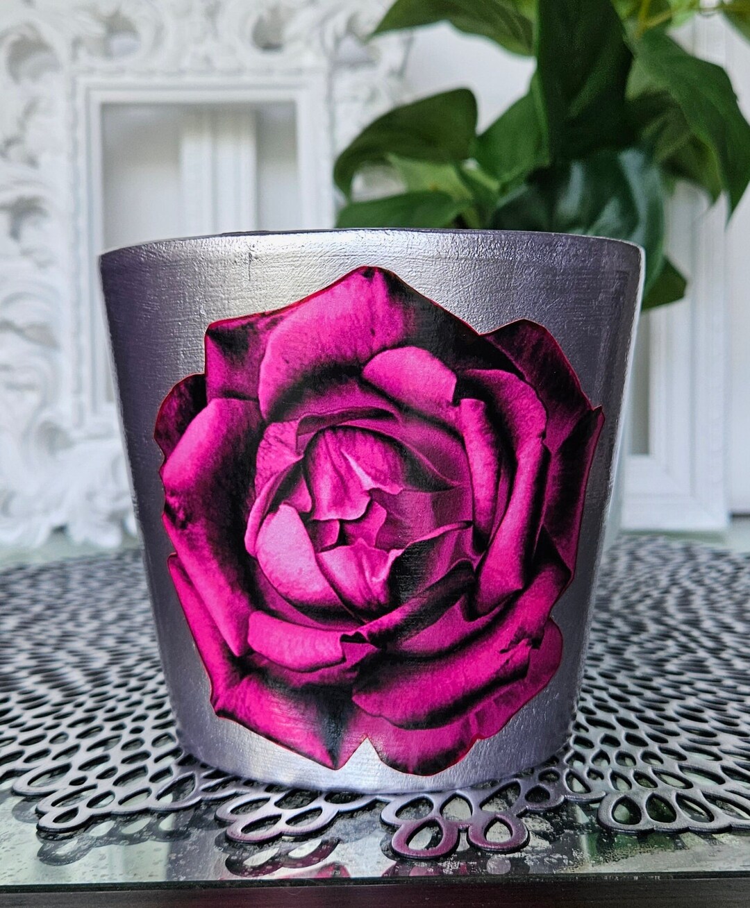 Fuchsia Rose Plant Pot Silver Ceramic Plant Pot Flowerpot Etsy