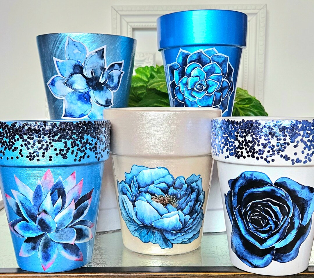 Blue and White Plant Pot Collection Blue Decoupage Motifs Etsy